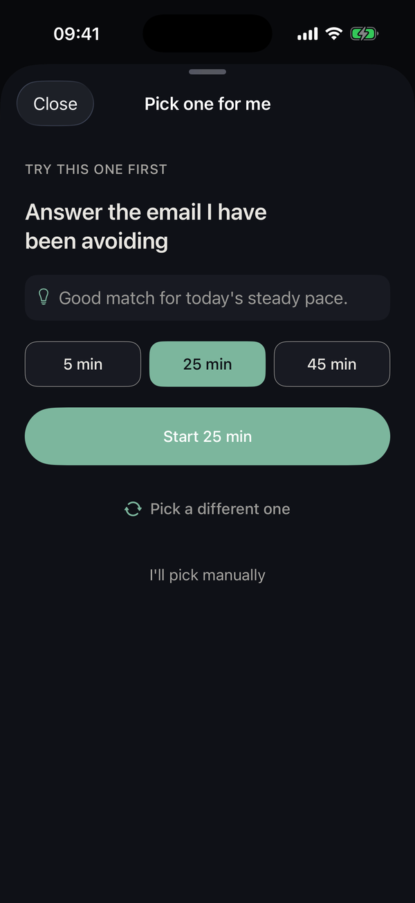 The Pick One screen: KickMint suggests one task, Answer the email I have been avoiding, with a 25 minute session and a Start button.
